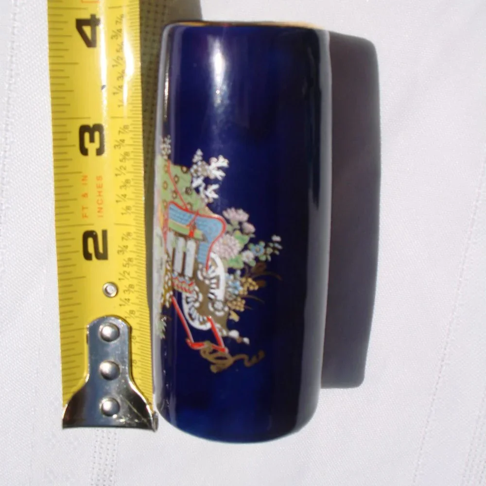 Blue Bud Vase Japan Vintage Porcelain Glass Gold Leaf Home Decor Small Vases VTG - Picture 5 of 10